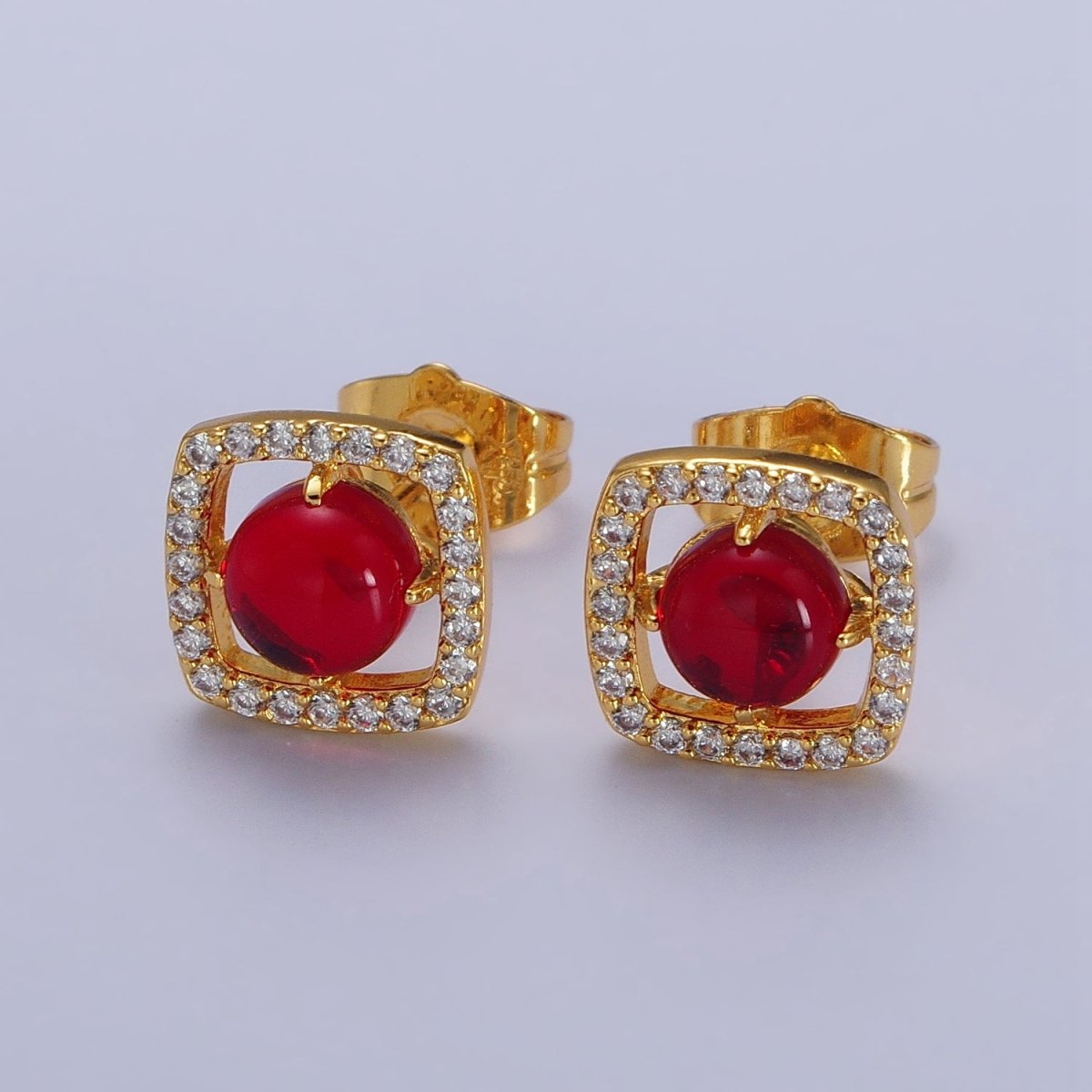 Green, Red Round Jade Micro Paved CZ Square Frame Geometric Stud Earrings | AB115 AB116 - DLUXCA