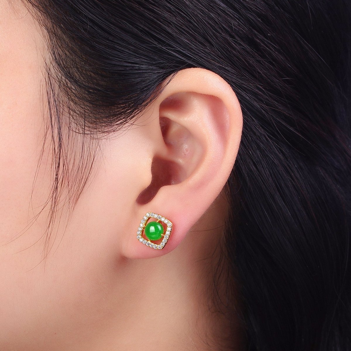 Green, Red Round Jade Micro Paved CZ Square Frame Geometric Stud Earrings | AB115 AB116 - DLUXCA