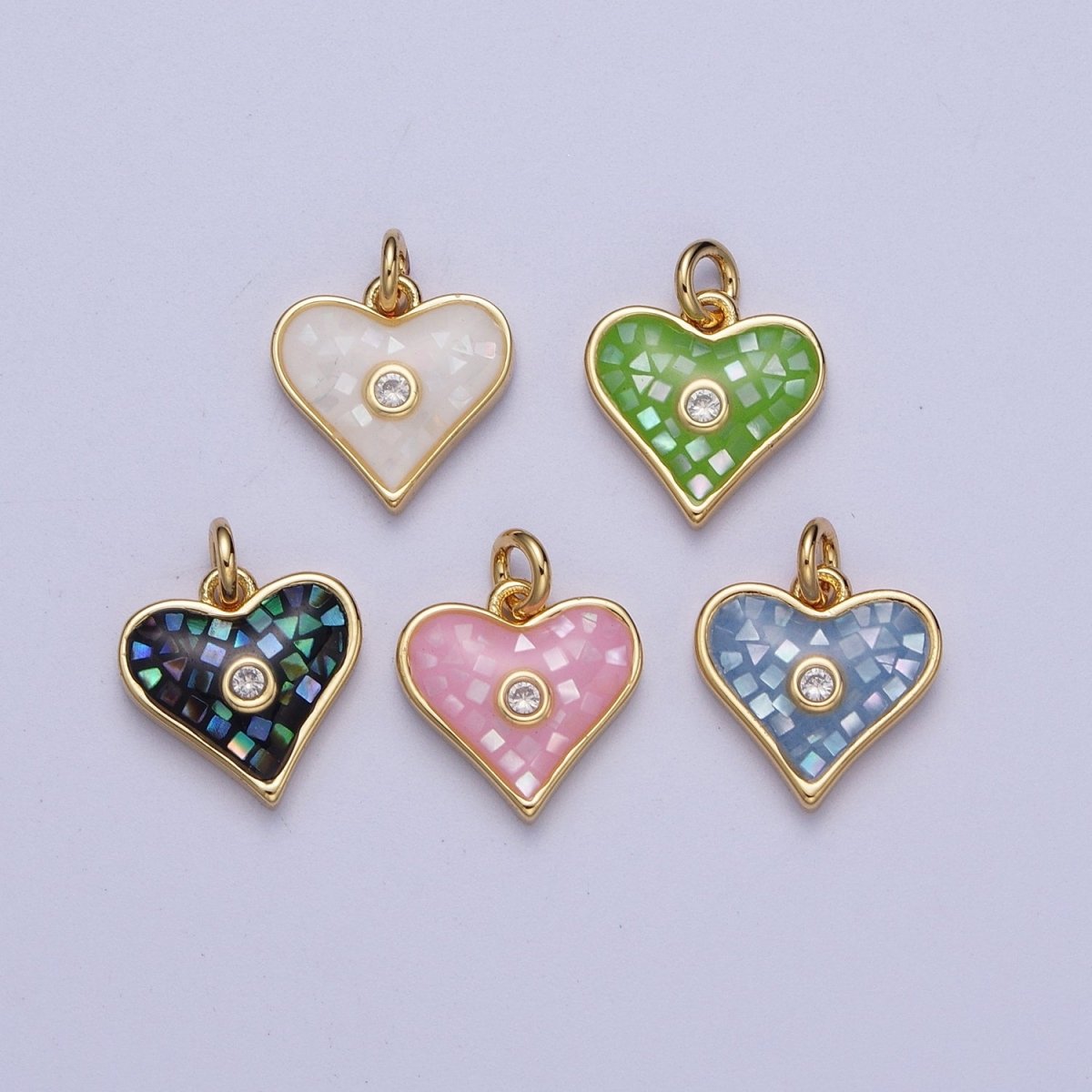 Green, White, Pink, Blue, Abalone Shell Opal CZ Gold Heart Charm | X-769 - X-773 - DLUXCA