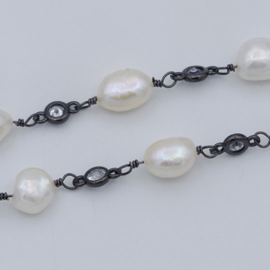 Gun Metal Charm Chain by Yard, Baroque Mother Pearl Paper Clip Link Chain by Yard | White Pearl Chain | ROLL-465 Clearance Pricing - DLUXCA