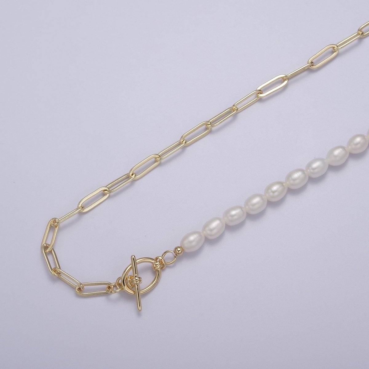 Half beaded half chain necklace in 18k gold filled | Layer Necklace paper clip chain rectangle | White Freshwater Pearl | WA-863 Clearance Pricing - DLUXCA