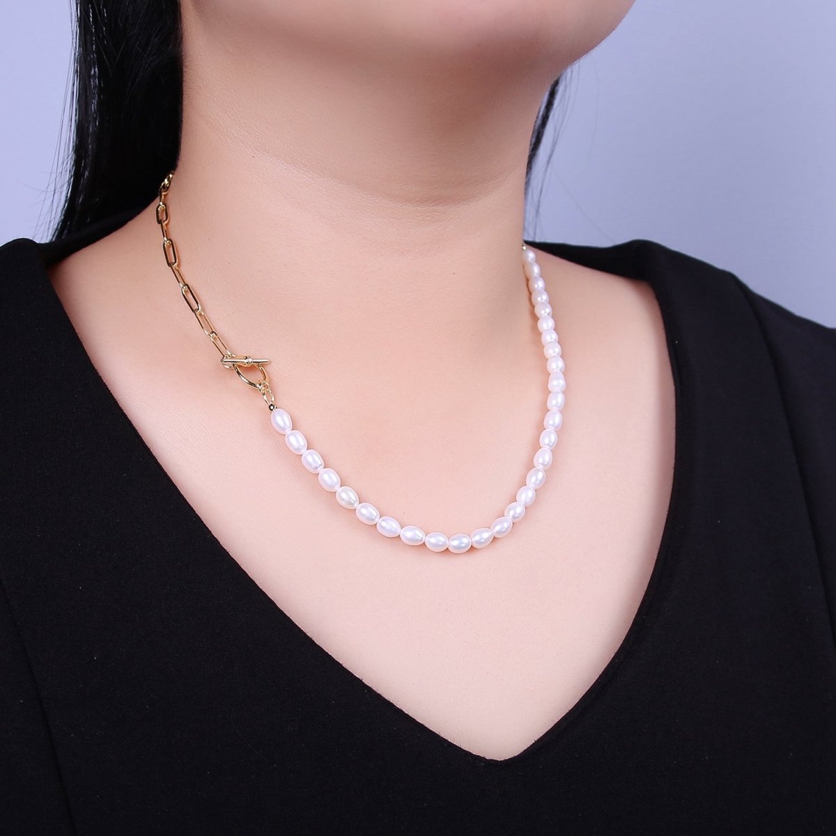 Half beaded half chain necklace in 18k gold filled | Layer Necklace paper clip chain rectangle | White Freshwater Pearl | WA-863 Clearance Pricing - DLUXCA