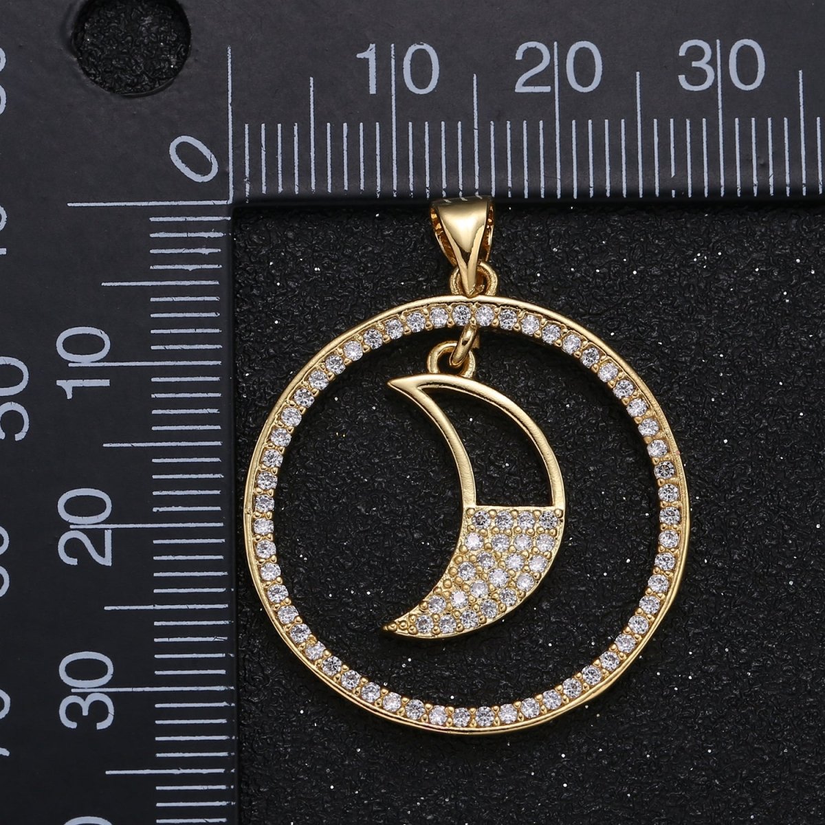 Half Micro Pave Crescent Moon in Golden Circle Charm CZ Nature Sky Geometric Circle Charm Pendant GP-001 - DLUXCA