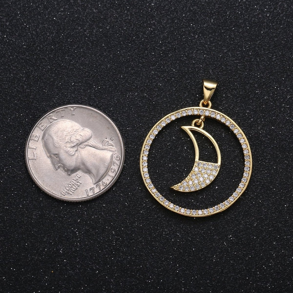 Half Micro Pave Crescent Moon in Golden Circle Charm CZ Nature Sky Geometric Circle Charm Pendant GP-001 - DLUXCA