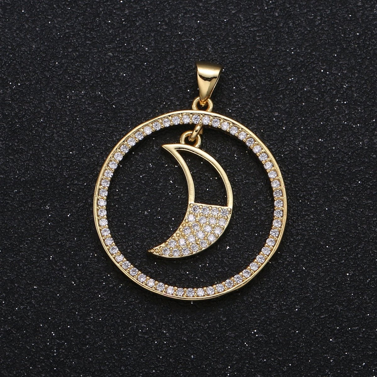 Half Micro Pave Crescent Moon in Golden Circle Charm CZ Nature Sky Geometric Circle Charm Pendant GP-001 - DLUXCA