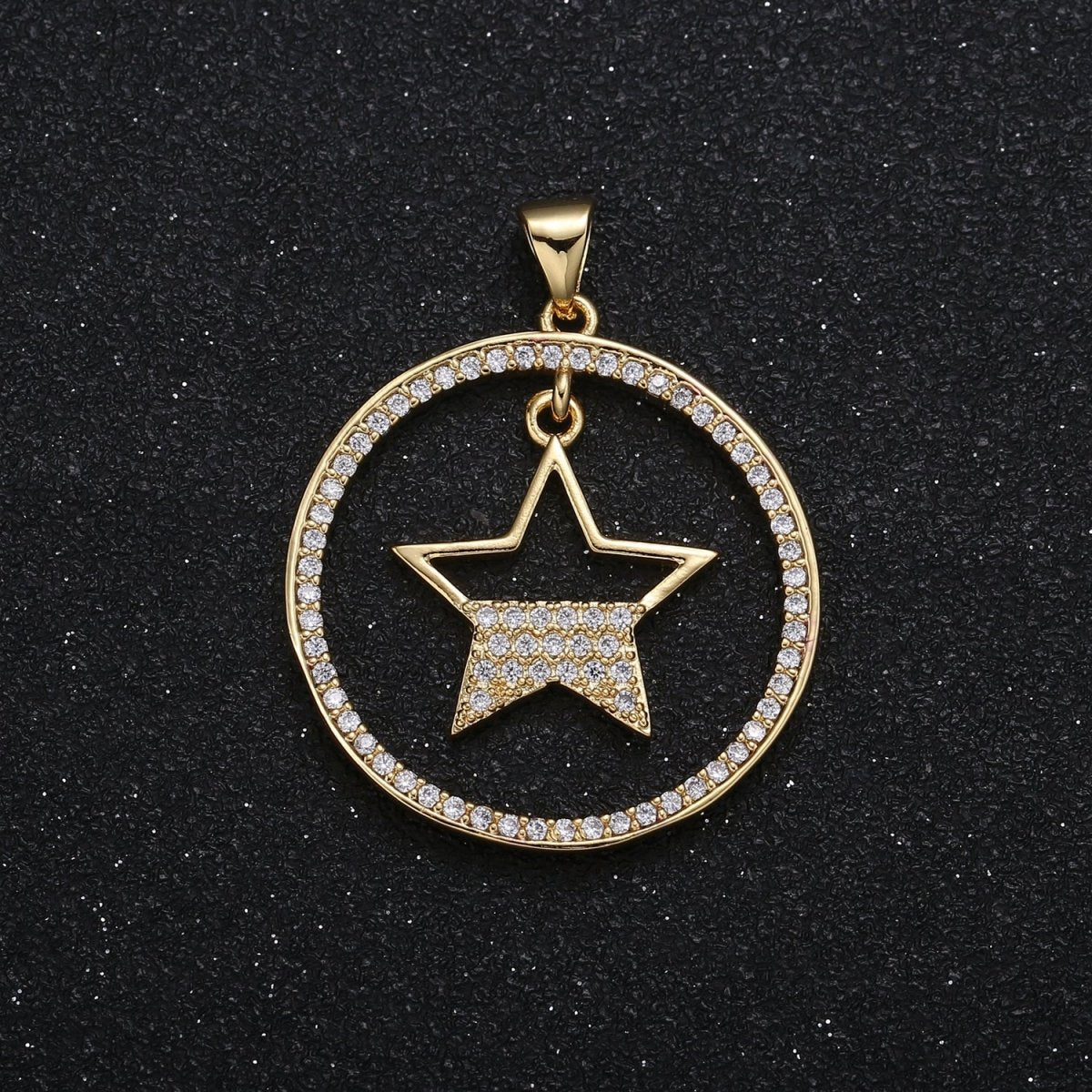 Half Micro Pave Star in Golden Circle Charm CZ Nature Sky Geometric Circle Charm Pendant GP-016 - DLUXCA