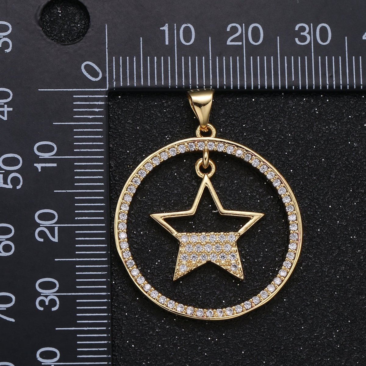 Half Micro Pave Star in Golden Circle Charm CZ Nature Sky Geometric Circle Charm Pendant GP-016 - DLUXCA