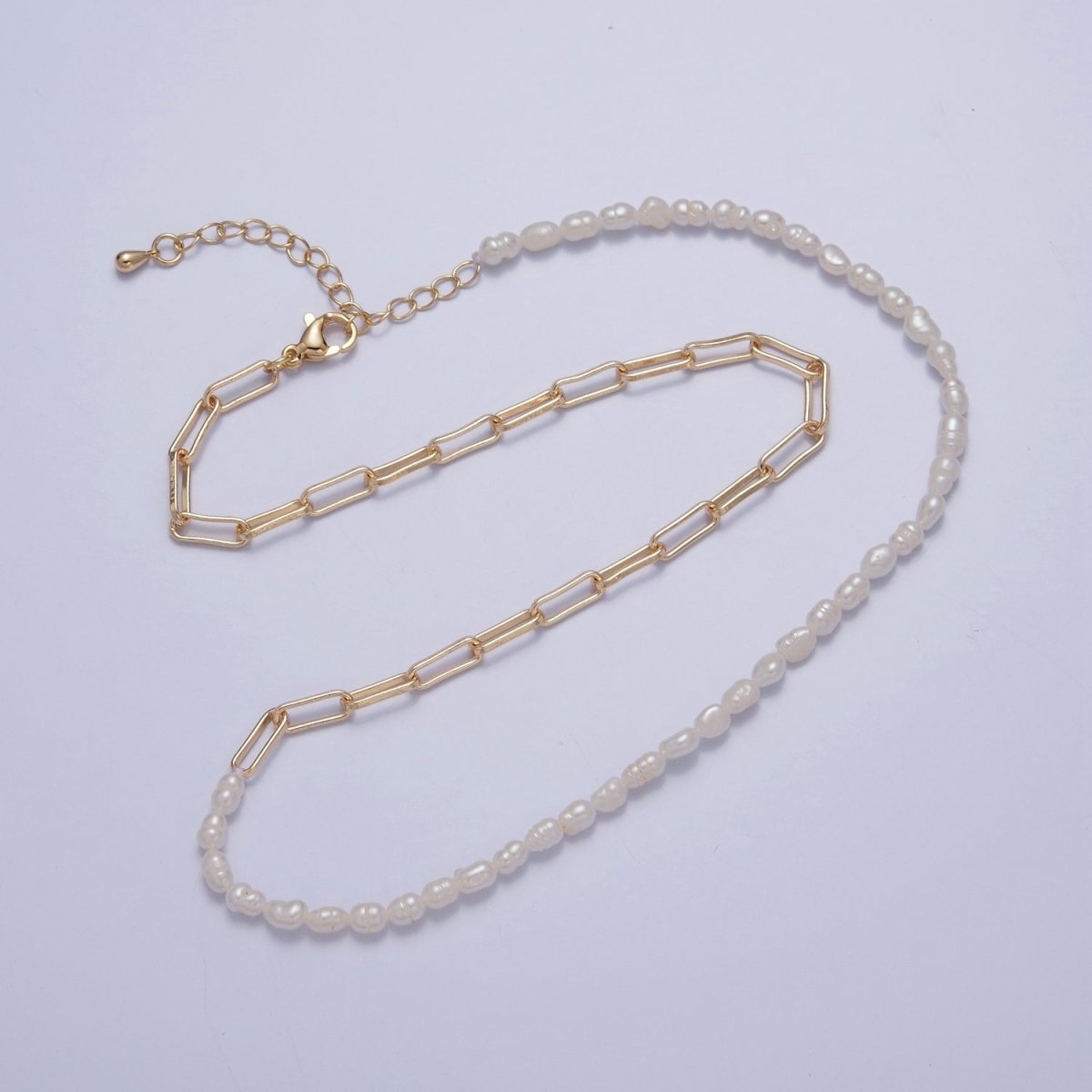 Half Pearl Half chain necklace in 18k gold fill | Layer Necklace Gold Paper Clip chain with White Freshwater Pearl | WA-1064 Clearance Pricing - DLUXCA