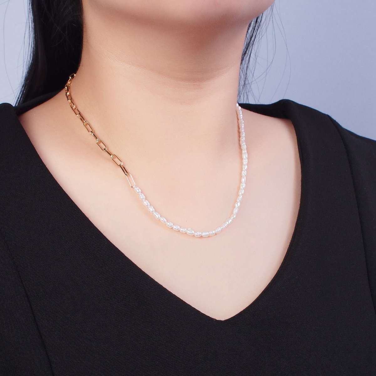 Half Pearl Half chain necklace in 18k gold fill | Layer Necklace Gold Paper Clip chain with White Freshwater Pearl | WA-1064 Clearance Pricing - DLUXCA