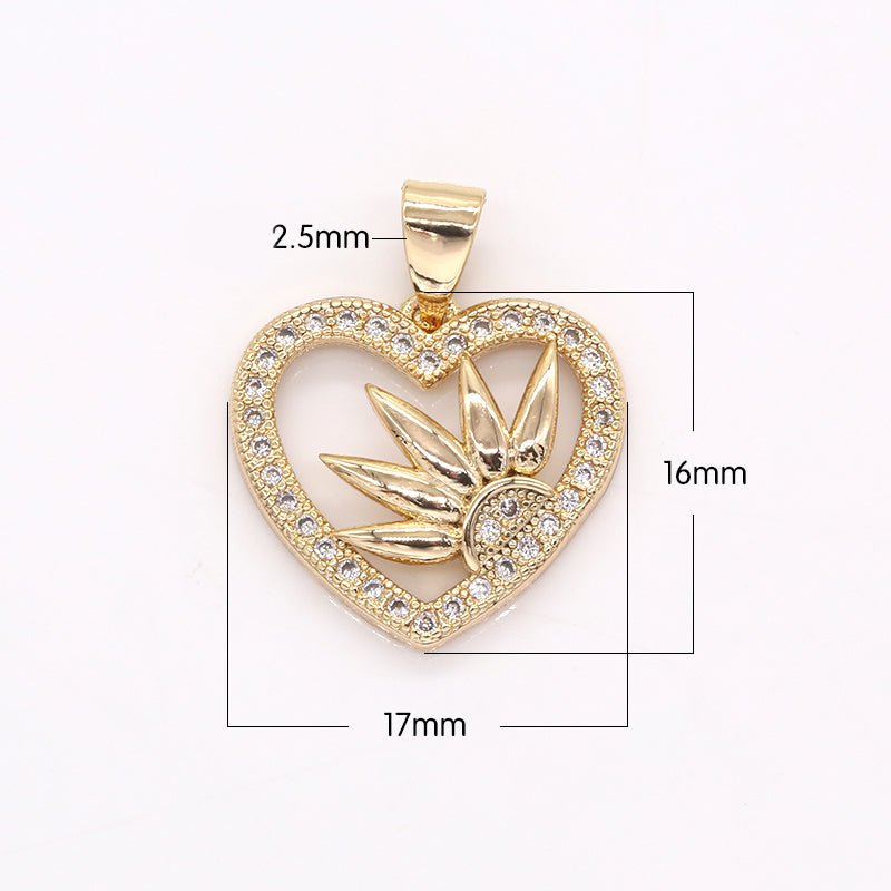 Half Sided Daisy Flower in Golden Micro Pave Heart Charm CZ Gold Plated Floral Nature Love Heart Charm Pendant GP-397 - DLUXCA