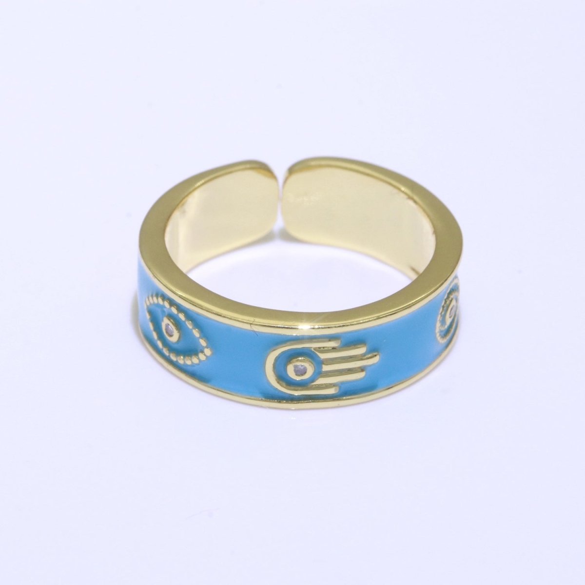 Hamsa Hand Evil Eye Adjustable Ring, 14K Gold Filled Enamel Open Ring Stackable Statement Jewelry O-504 ~ O-513 - DLUXCA