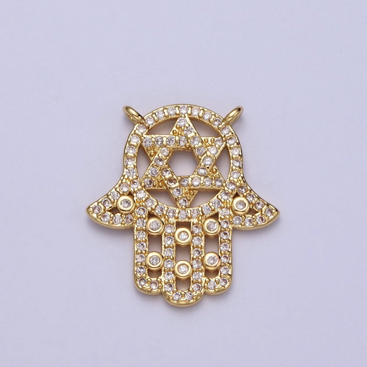 Hamsa Hand w. Star of David Clear Micro Paved CZ Gold Link Connector | Y-668 - DLUXCA