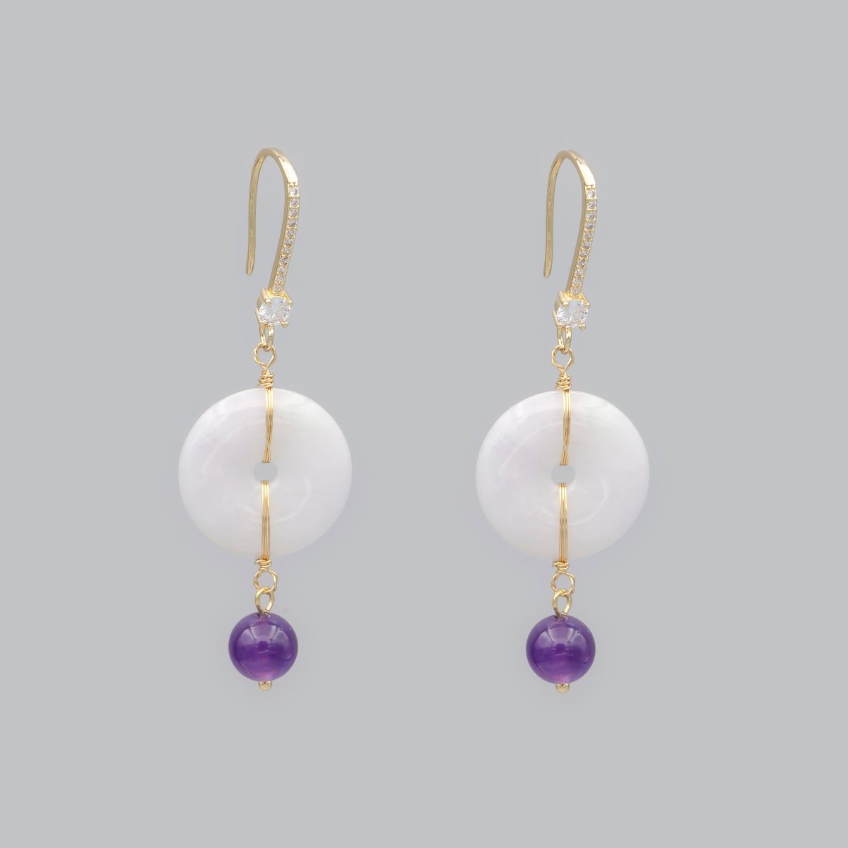 Handmade Natural Round White Jade Purple CZ Drop Micro Paved French Hook Earrings | Leo-533 - DLUXCA