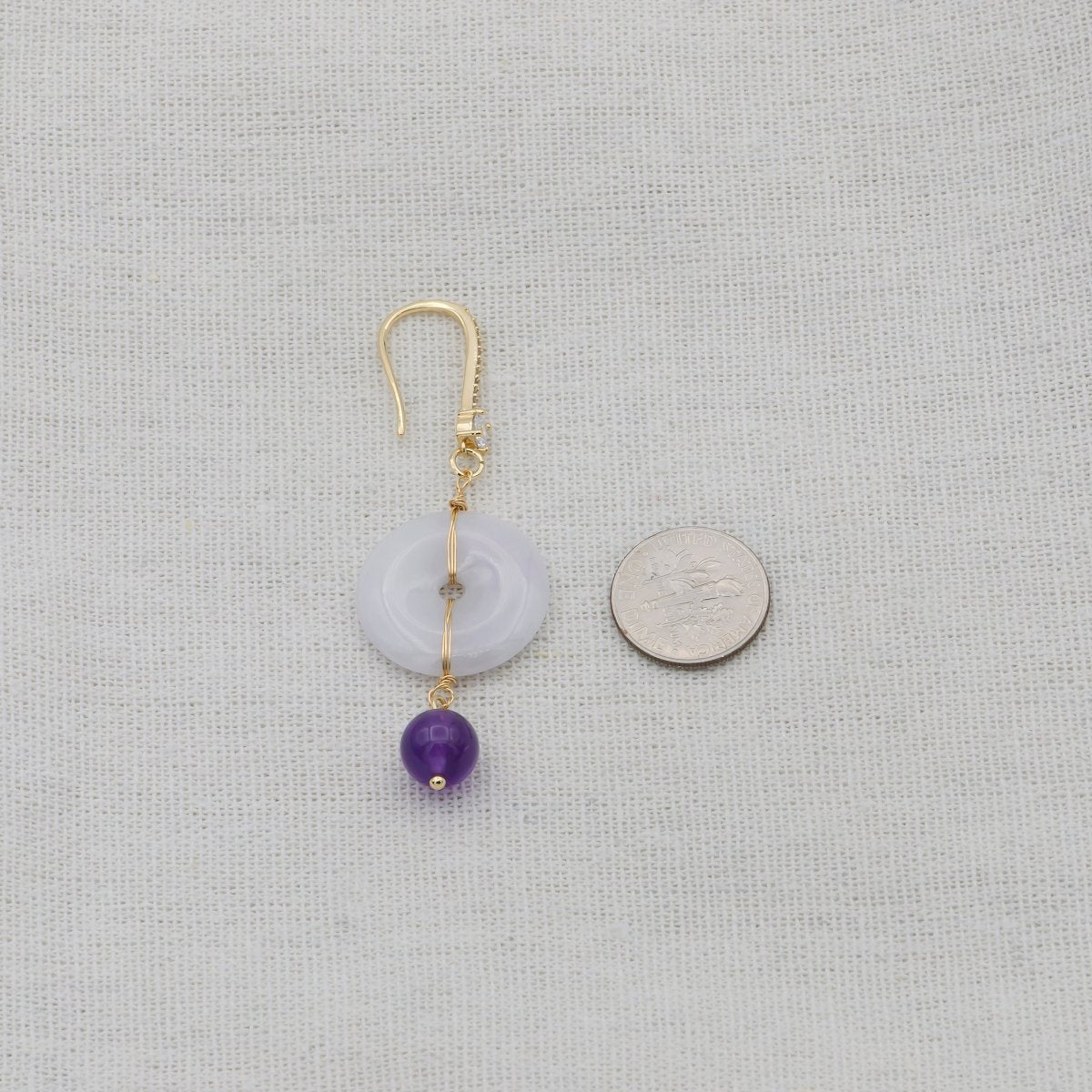 Handmade Natural Round White Jade Purple CZ Drop Micro Paved French Hook Earrings | Leo-533 - DLUXCA