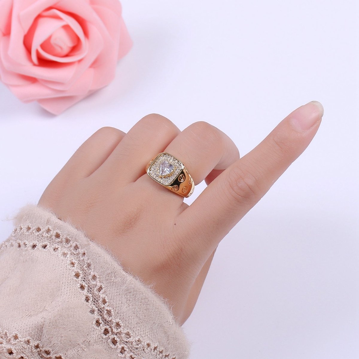 Happy Face Ring Gold Filled Heart Ring Simple Gold Signet Ring Open Ring for Stacking Jewelry us size 6.5 S-254 ~ S-257 - DLUXCA