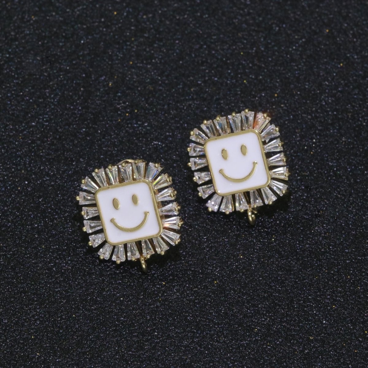 Happy face stud earrings, Tiny smiley face studs, simple gold stud earrings, Square Gold Studs, happy face studs with open link L-355~L-360 - DLUXCA