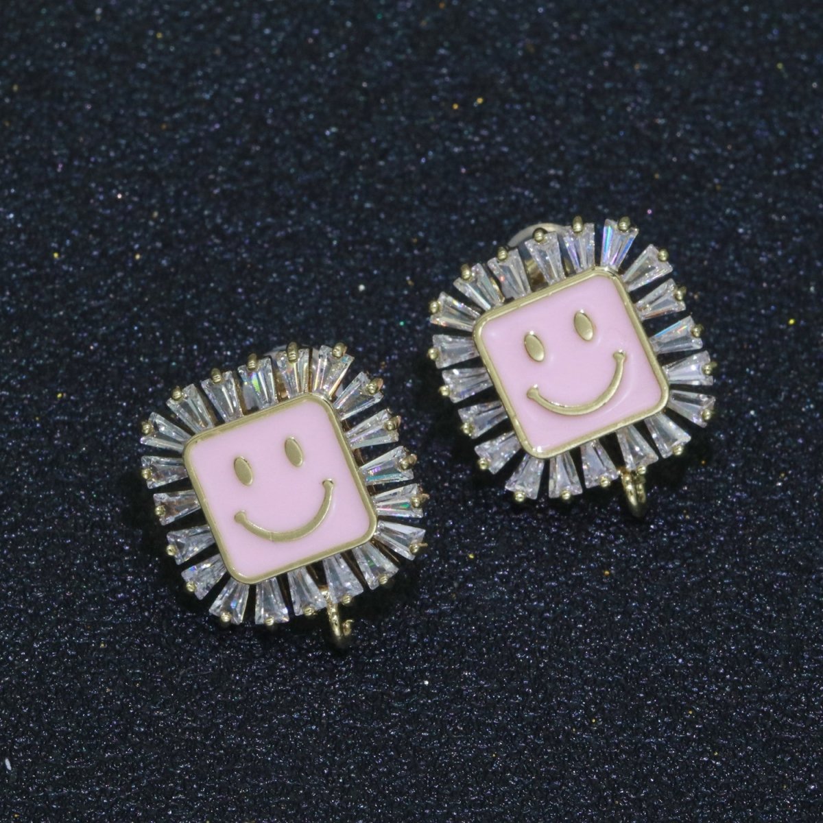 Happy face stud earrings, Tiny smiley face studs, simple gold stud earrings, Square Gold Studs, happy face studs with open link L-355~L-360 - DLUXCA