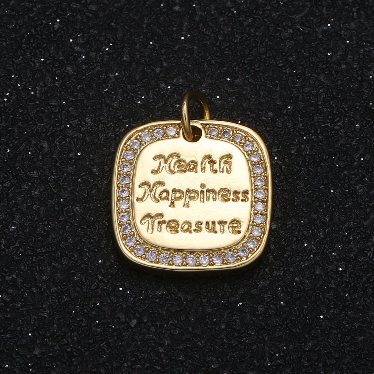 Health Happiness Treasure Writings on Golden Square Coin Charm CZ Micro Pave Geometric Plate Motto Charm Pendant GP-077 - DLUXCA