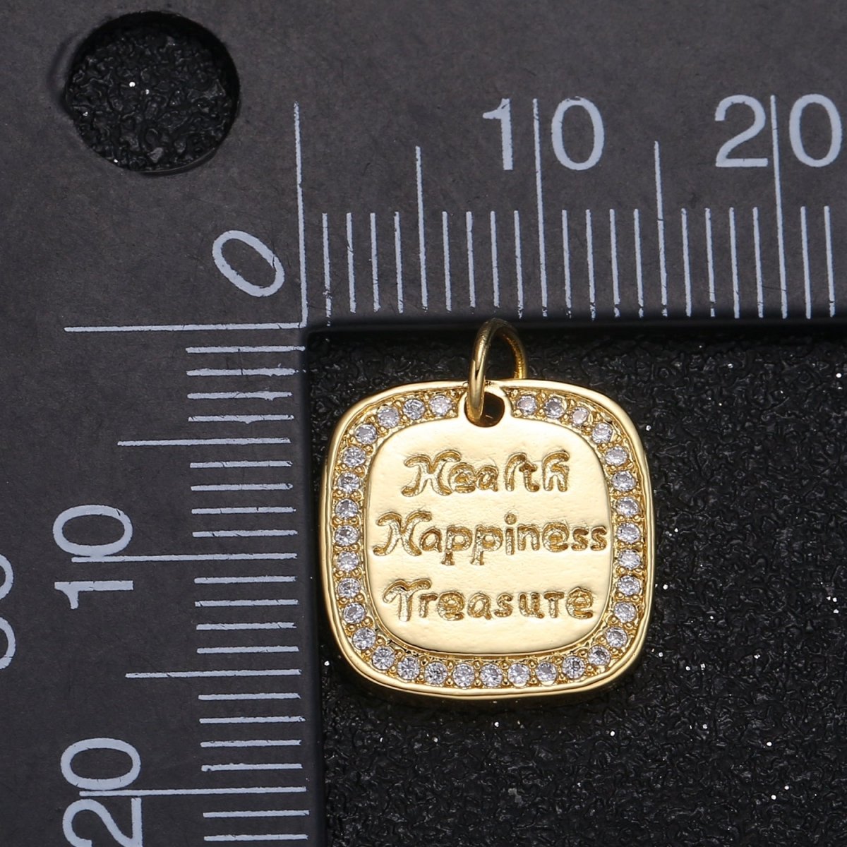 Health Happiness Treasure Writings on Golden Square Coin Charm CZ Micro Pave Geometric Plate Motto Charm Pendant GP-077 - DLUXCA