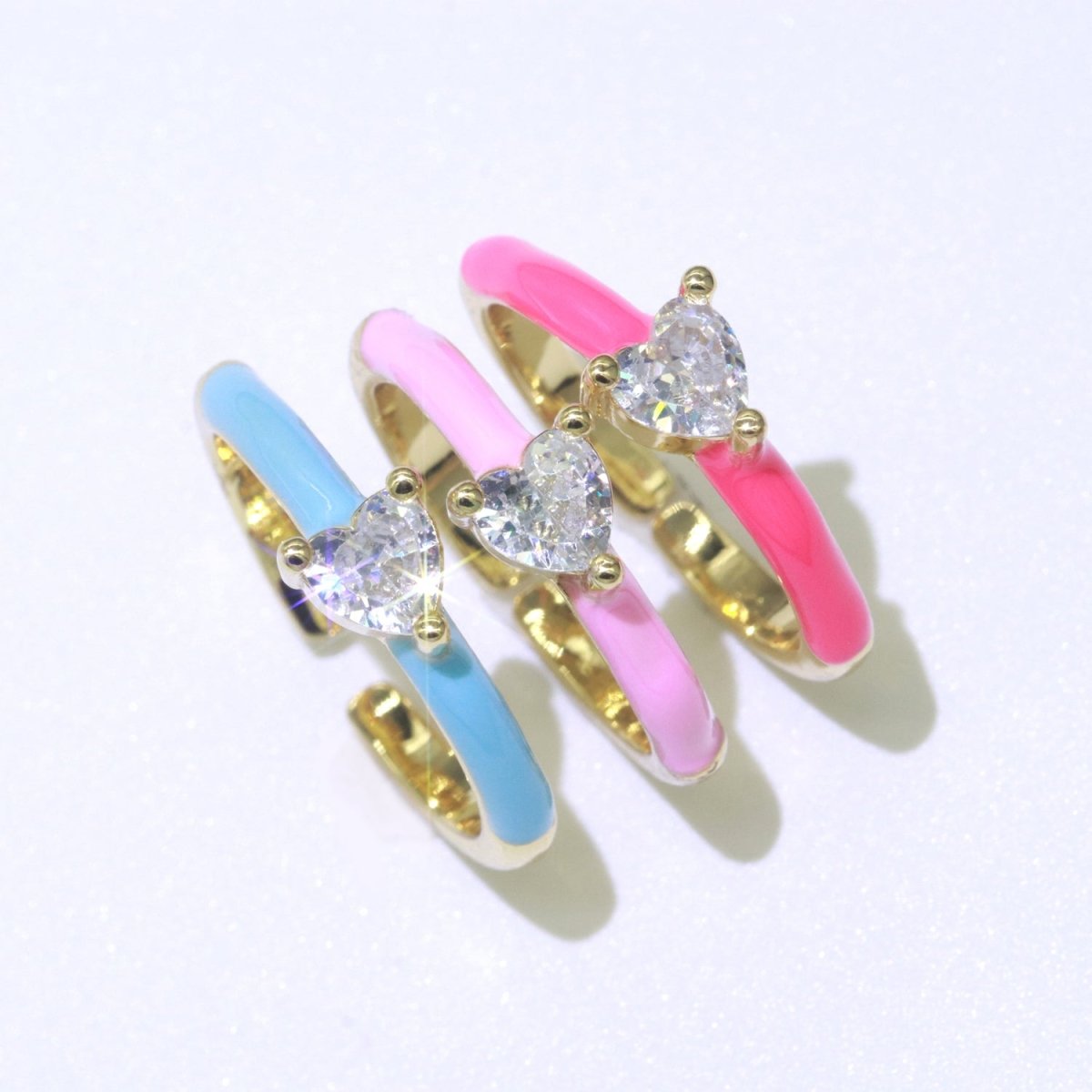 Heart Cz Ring Adjustable Gold Ring, Colorful Pastel Enamel Ring, Stackable Ring Black White Pink blue Green Ring for Women O-910~O-919 - DLUXCA