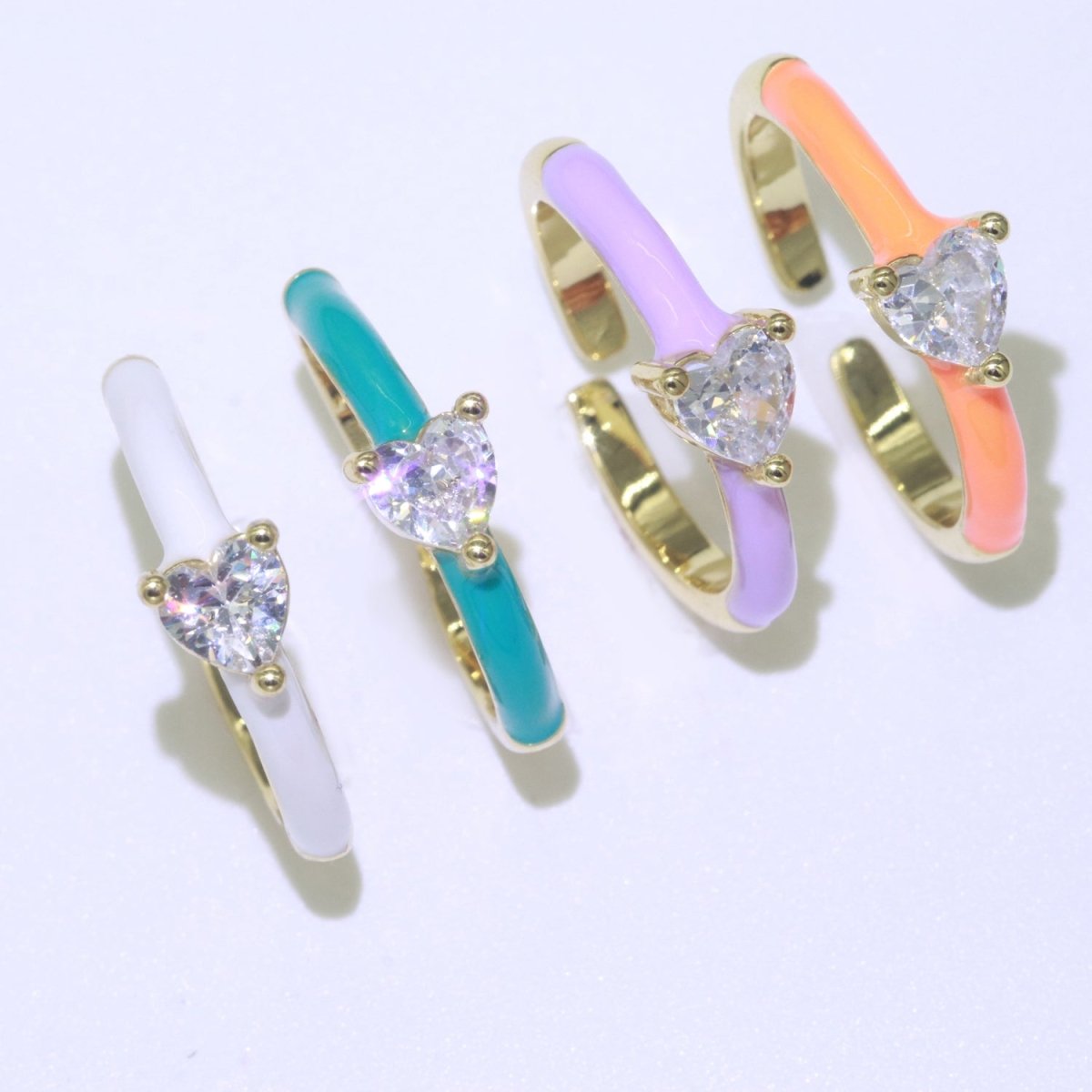 Heart Cz Ring Adjustable Gold Ring, Colorful Pastel Enamel Ring, Stackable Ring Black White Pink blue Green Ring for Women O-910~O-919 - DLUXCA