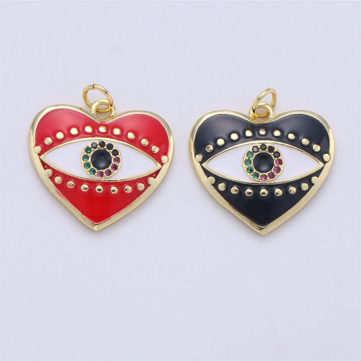 Heart Enamel Evil Eye Charm, Black Red eye of Ra pendant, Enamel eye Pendant, Protection eye charm Love Medallion Pendant in 24k gold Fill C-756 - DLUXCA