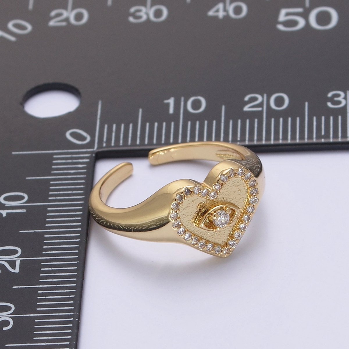 Heart Evil Eye Signet Ring, Adjustable Gold Ring, Evil Eye Jewelry, Cubic Zircon Ring, Stackable Ring, Turkish Evil Eye U-490 - DLUXCA