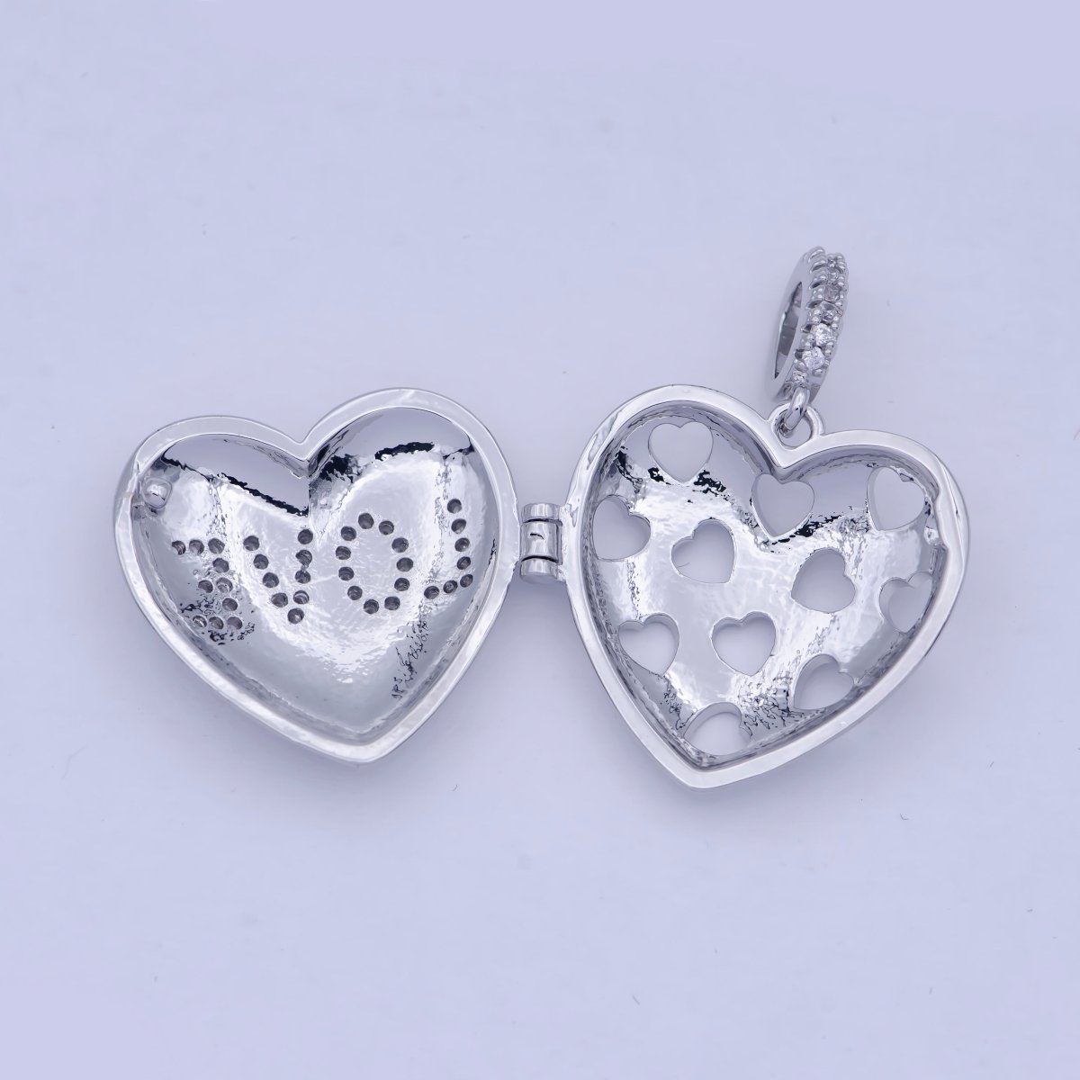 Heart Love Micro Pave Locket Pendant Silver Open Locket Cubic Zirconia Pave Charm necklace bracelet Supply X-466 - DLUXCA