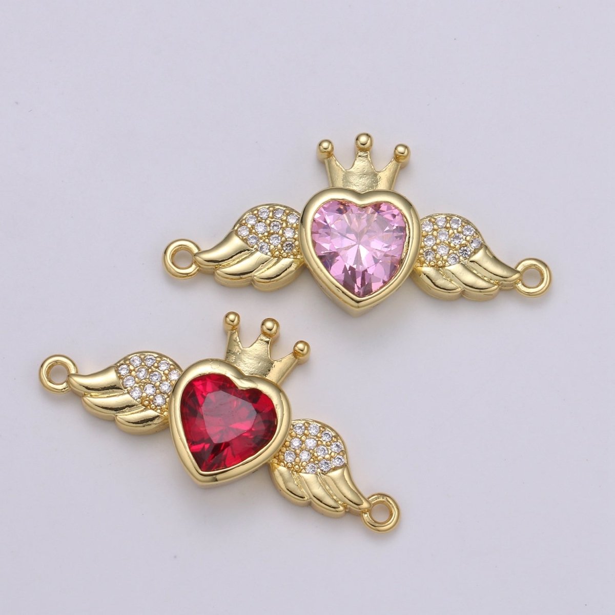 Heart Solitaire CZ 24K Gold Connector, Angel Adjustable Gold Connector, Wings, Red & Pink Cubic Zirconia Connector F-570 F-571 - DLUXCA