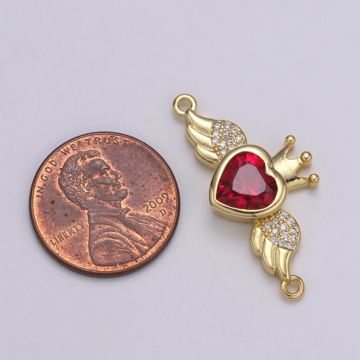 Heart Solitaire CZ 24K Gold Connector, Angel Adjustable Gold Connector, Wings, Red & Pink Cubic Zirconia Connector F-570 F-571 - DLUXCA