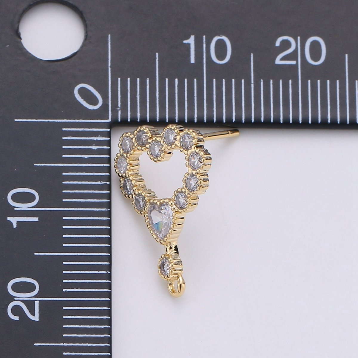 Heart Stud Earring Charm • 24k Gold Filled• Micro Pave Heart • Jewelry Making Supplies • Open Ring Attached for Jewelry Making Supply, K-402 - DLUXCA