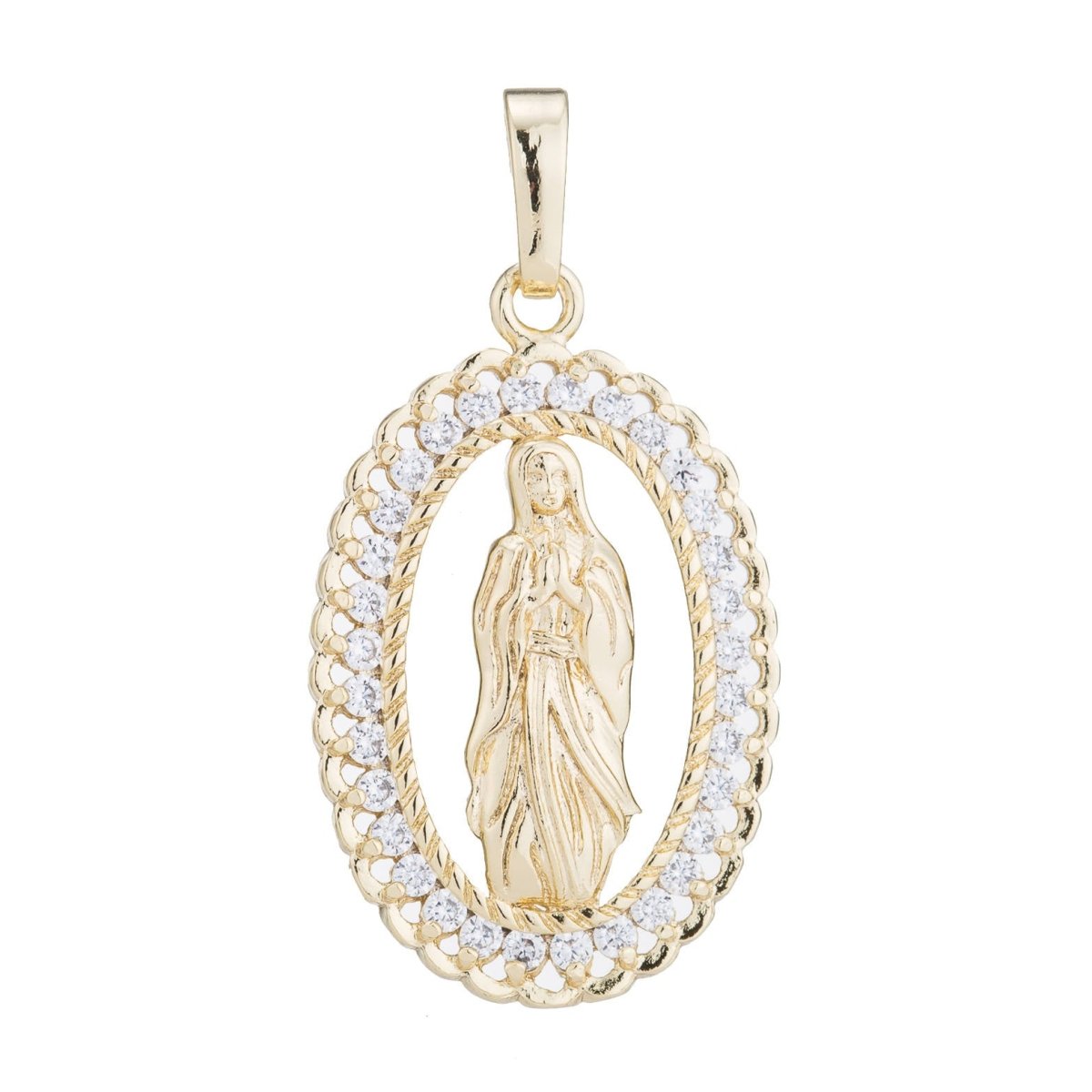 Holy Mother Virgin Mary Pray For Us Gold Filled Necklace, Vintage Design Pendant Cubic Zirconia, Religious Catholic Findings Jewelry H-183 I-755 - DLUXCA