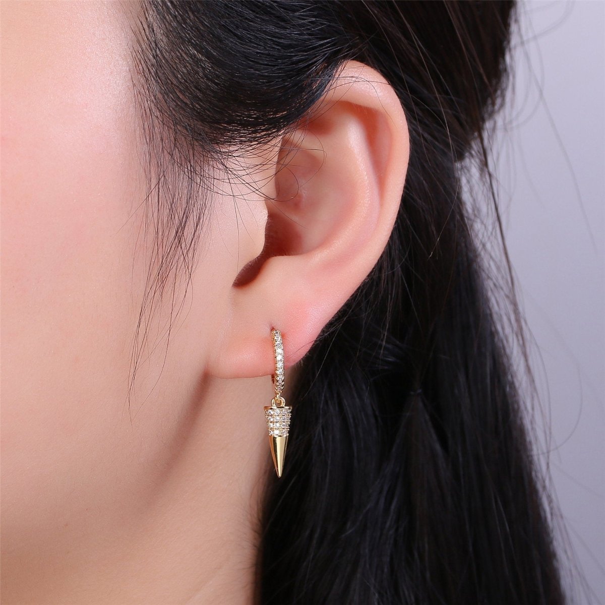 Hoop Dangle Earring, Gold Spike Earring, Small Dangle Earring, Micro Pave Earring, Dangle Earring Charm K-357 - DLUXCA