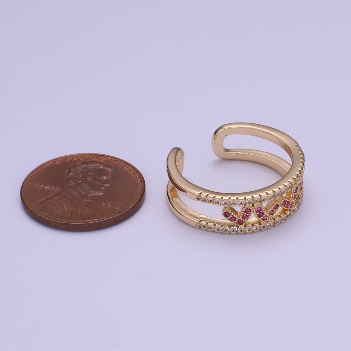 Hot Pink CZ Heart 18K Gold Filled Adjustable Ring O-326 - DLUXCA