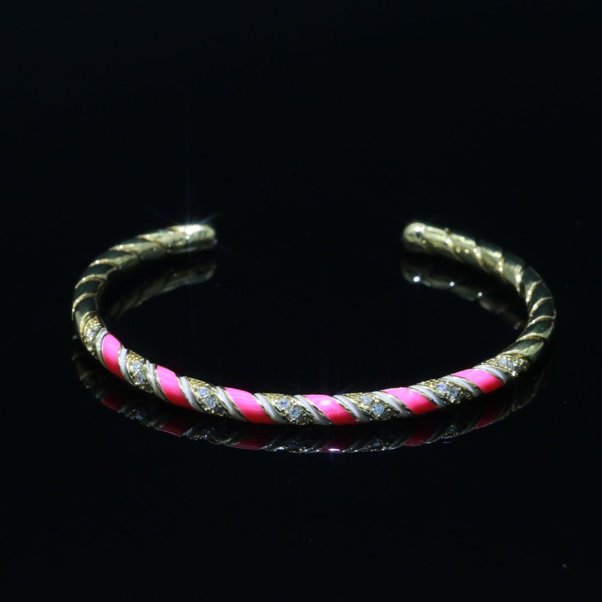 Hot Pink Enamel Geometric Swirl Gold Filled Bangle Open Adjustable Bracelet Vintage Style Inspired | WA-116 Clearance Pricing - DLUXCA