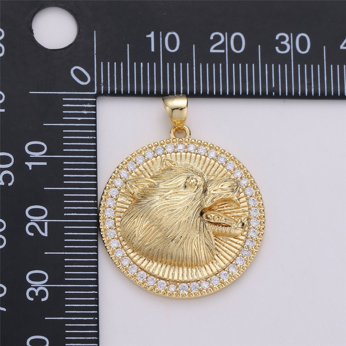 Howling Wolf Charm - 24k gold Filled Medallion Pendant The Wolf of Wall Street Pendant, Micro Pave Wolf Moon Charm for Statement Necklace I-579 - DLUXCA