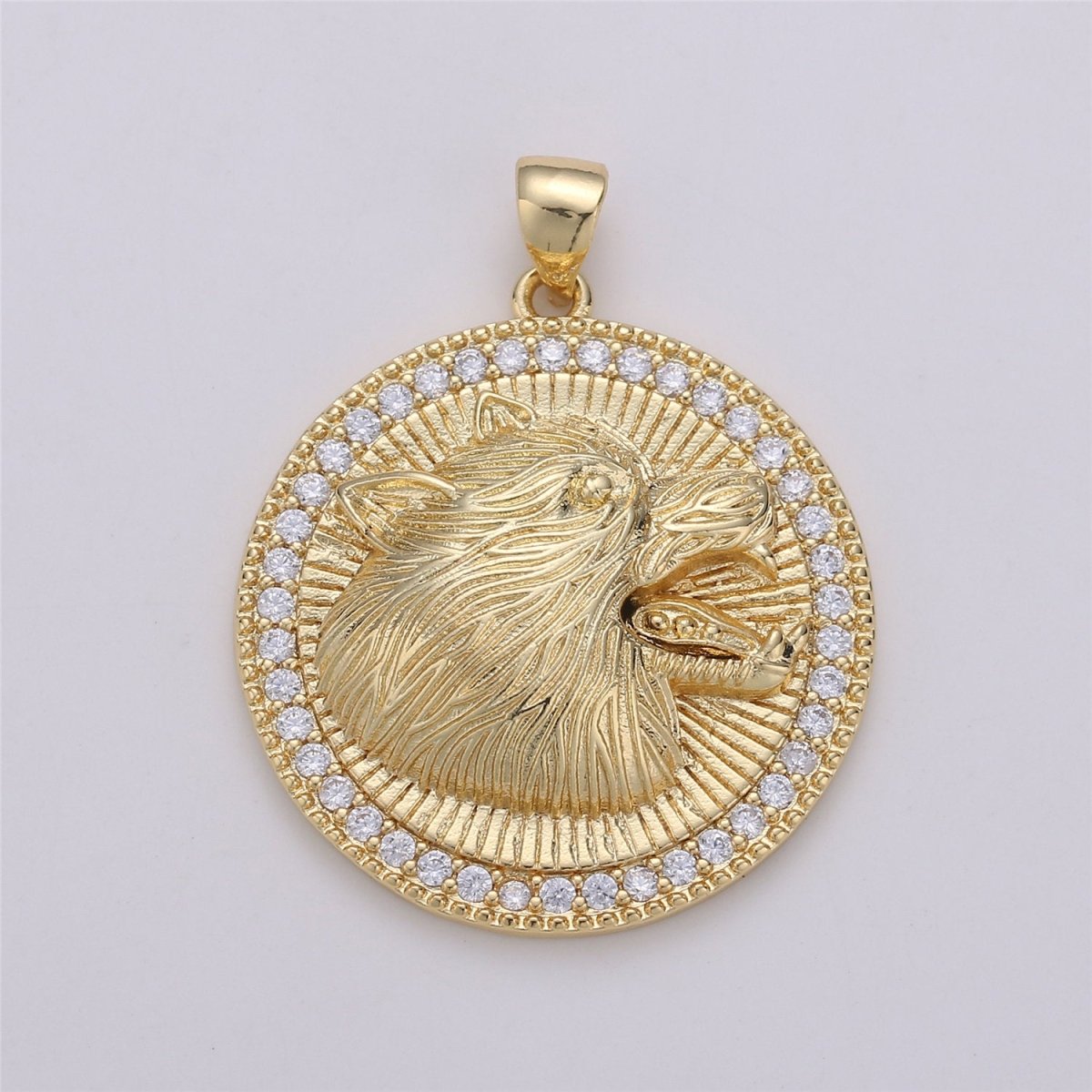 Howling Wolf Charm - 24k gold Filled Medallion Pendant The Wolf of Wall Street Pendant, Micro Pave Wolf Moon Charm for Statement Necklace I-579 - DLUXCA