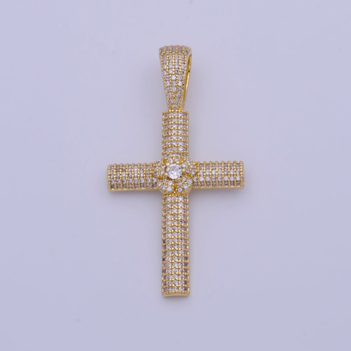 Iced Out Micro Paved Cubic Zirconia Gold Cross Pendant For Religious Necklace Making | X-525 - DLUXCA