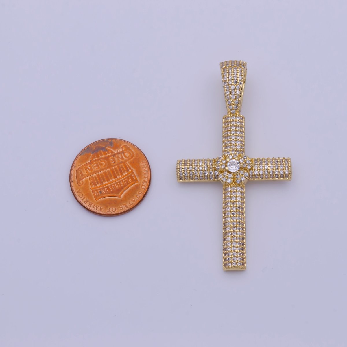 Iced Out Micro Paved Cubic Zirconia Gold Cross Pendant For Religious Necklace Making | X-525 - DLUXCA