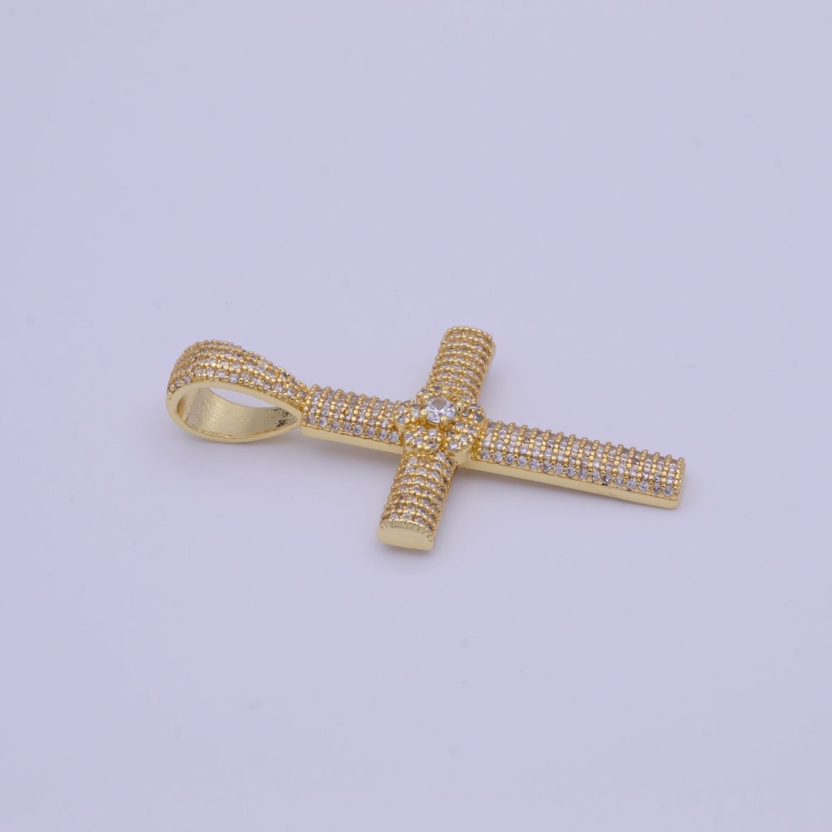 Iced Out Micro Paved Cubic Zirconia Gold Cross Pendant For Religious Necklace Making | X-525 - DLUXCA