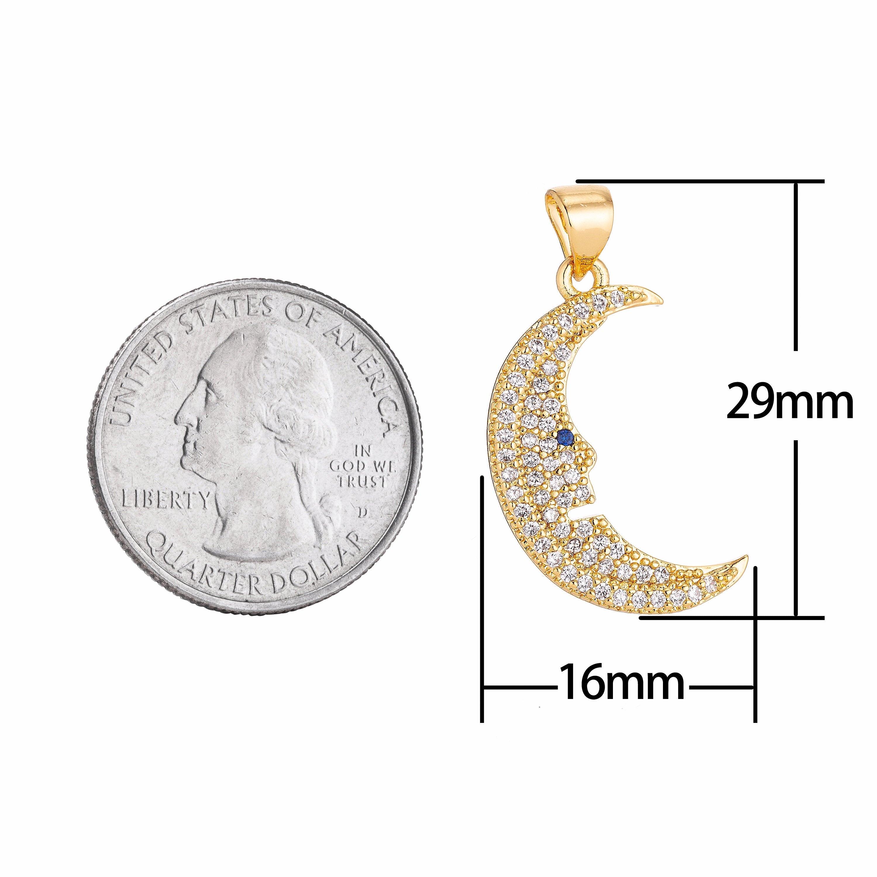 18K Gold Filled Crescent Moon Face Dream Charm Crystal Cubic Zirconia for Necklace Pendant Earring Bail Dangle Findings for Jewelry Making - DLUXCA