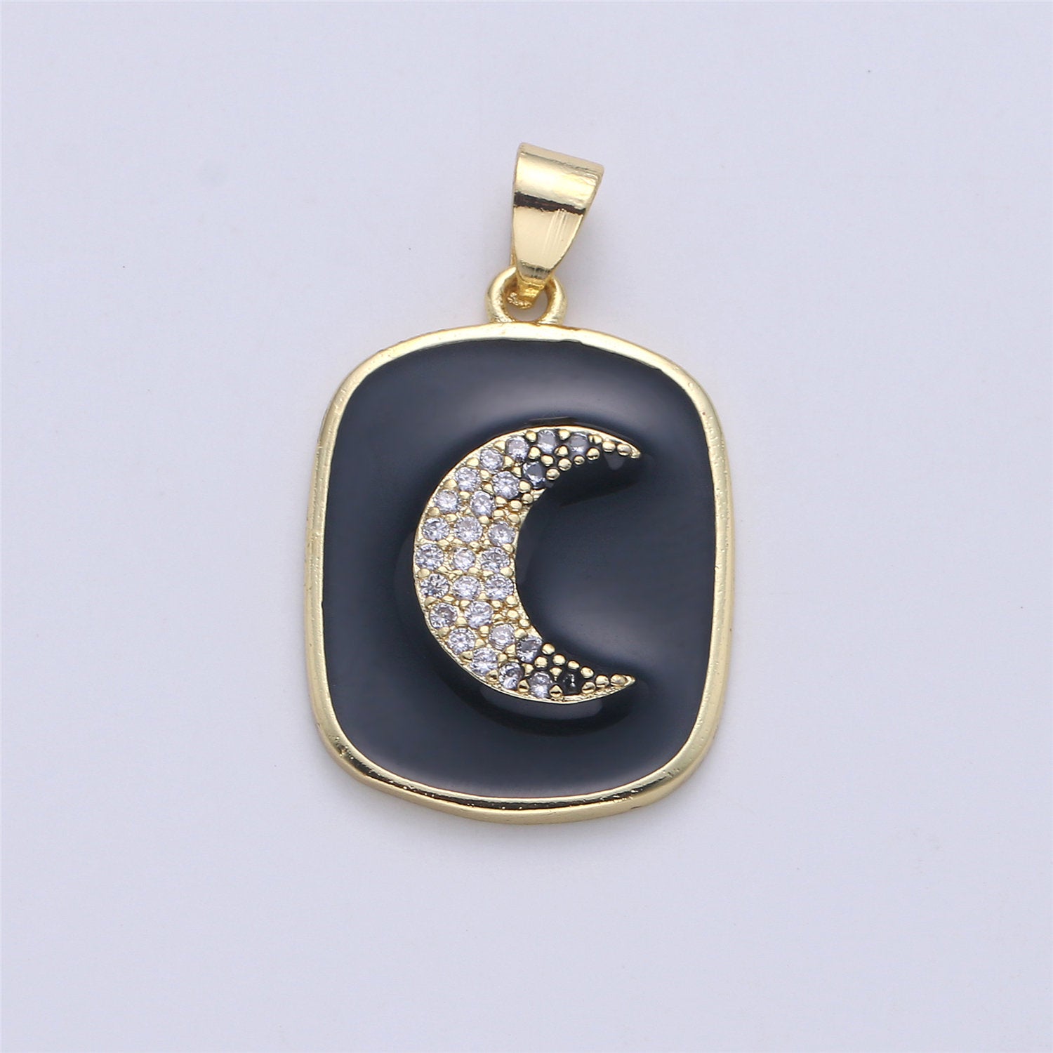 Gold Enamel Moon Charm Military Tag Pendant, Black White Celestial charm, Enamel Jewelry for Necklace Component - DLUXCA