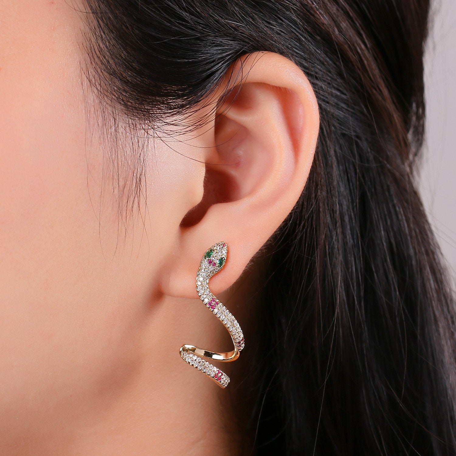 Dangle Snake Earrings, Gold Snake Earrings, Snake Stud Earrings, Snake Drop Earrings, Gold Snake Stud Micro Pave CZ Serpent Stud Earring, 2 X EARRING-1064-1063 - DLUXCA