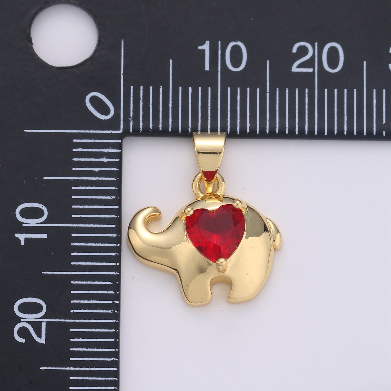 14k Gold Filled  Elephant lined Ruby Heart Pendant Charm  ,  Elephant with red bead Pendant Charm, Gold Filled Pendant, For DIY Jewelry - DLUXCA
