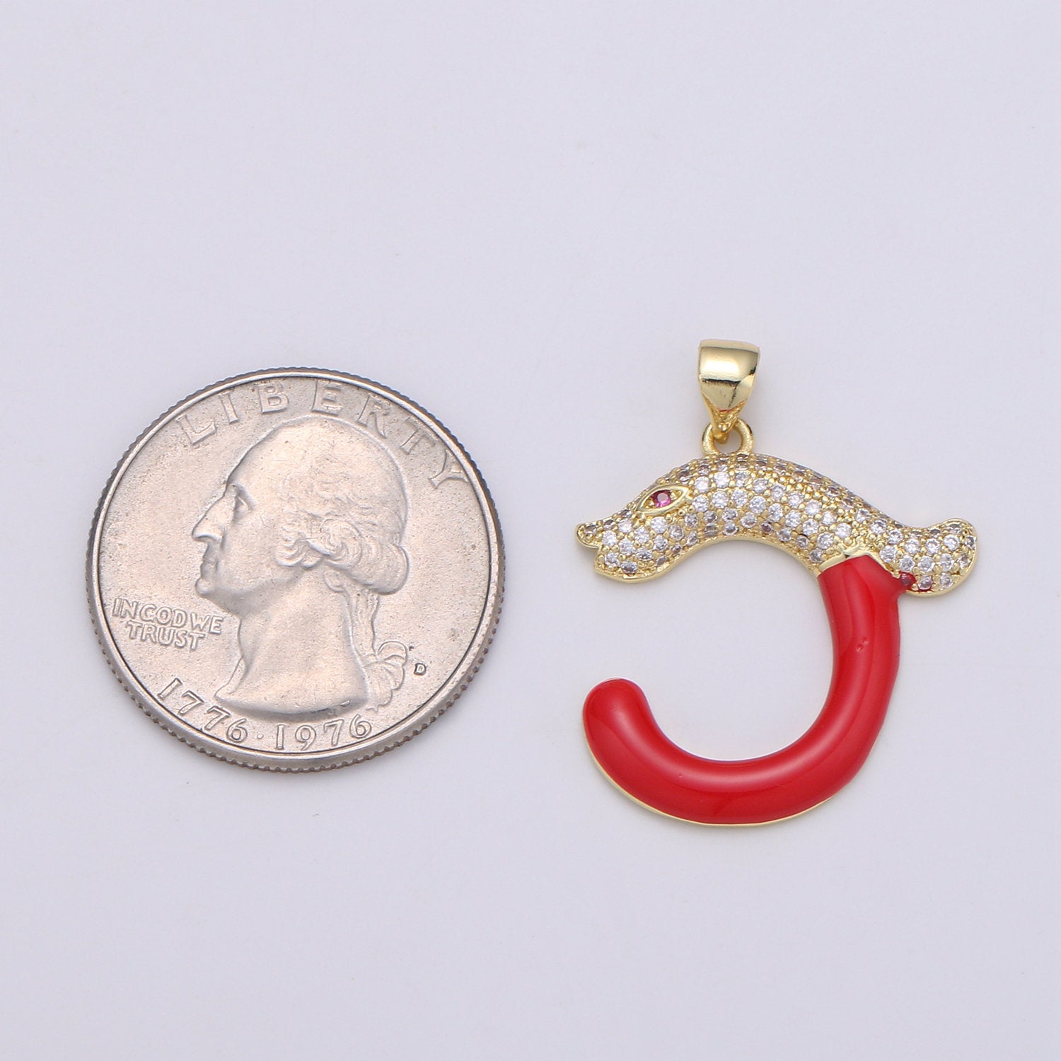 14k Gold Filled Cubic Red Eye Snake Pendant, CZ Cluster Pendant, Lucky Charm, Red Enamel Hook CZ Pave Pendant - DLUXCA