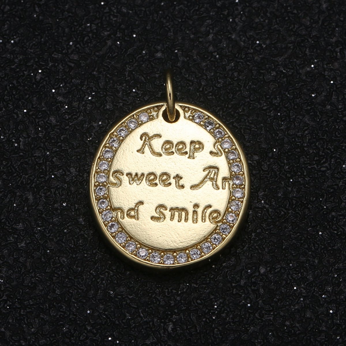 Keep Sweet and Smile Writings on Golden Micro Pave Coin Charm CZ Tiny Motto Medallion Charm Pendant GP-053 - DLUXCA