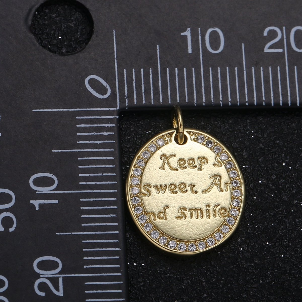 Keep Sweet and Smile Writings on Golden Micro Pave Coin Charm CZ Tiny Motto Medallion Charm Pendant GP-053 - DLUXCA