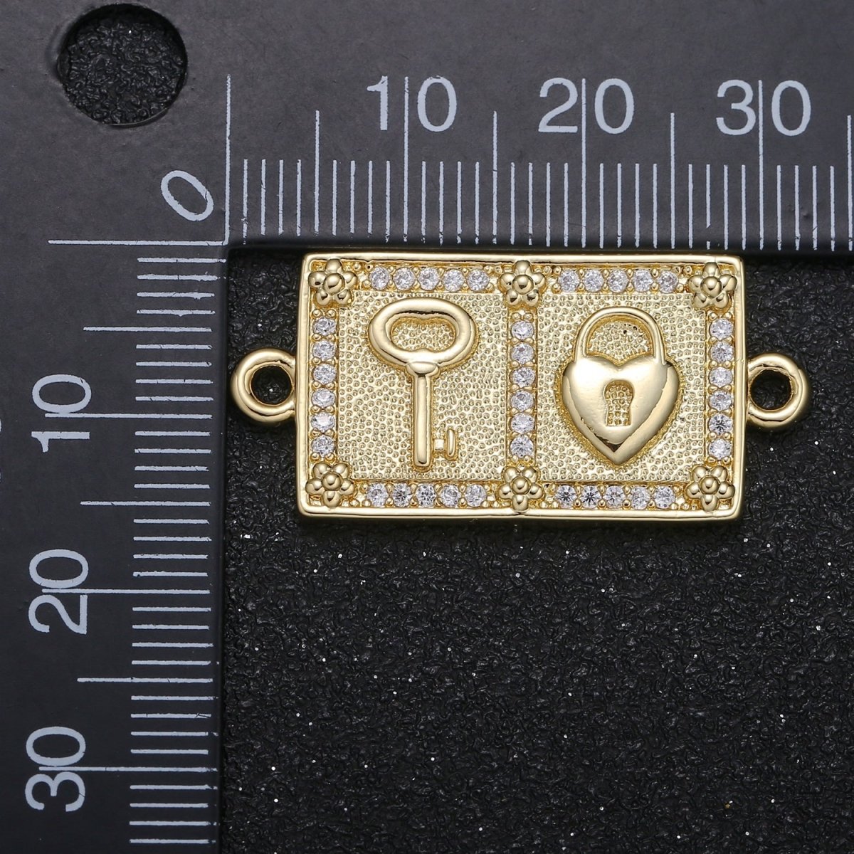 Key and Heart Padlock on Crystal Golden Square Connectors CZ Love Heart Micro Pave Jewelry Supply Component GP-023 - DLUXCA