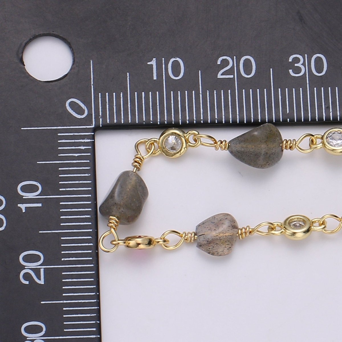 Labradorite Bead Micro Pave Charm 24K Gold Filled Chain by Yard, Cubic Round Charm Chain, Semiprecious Stone Multicolor Labradorite Chain | ROLL-331 Clearance Pricing - DLUXCA