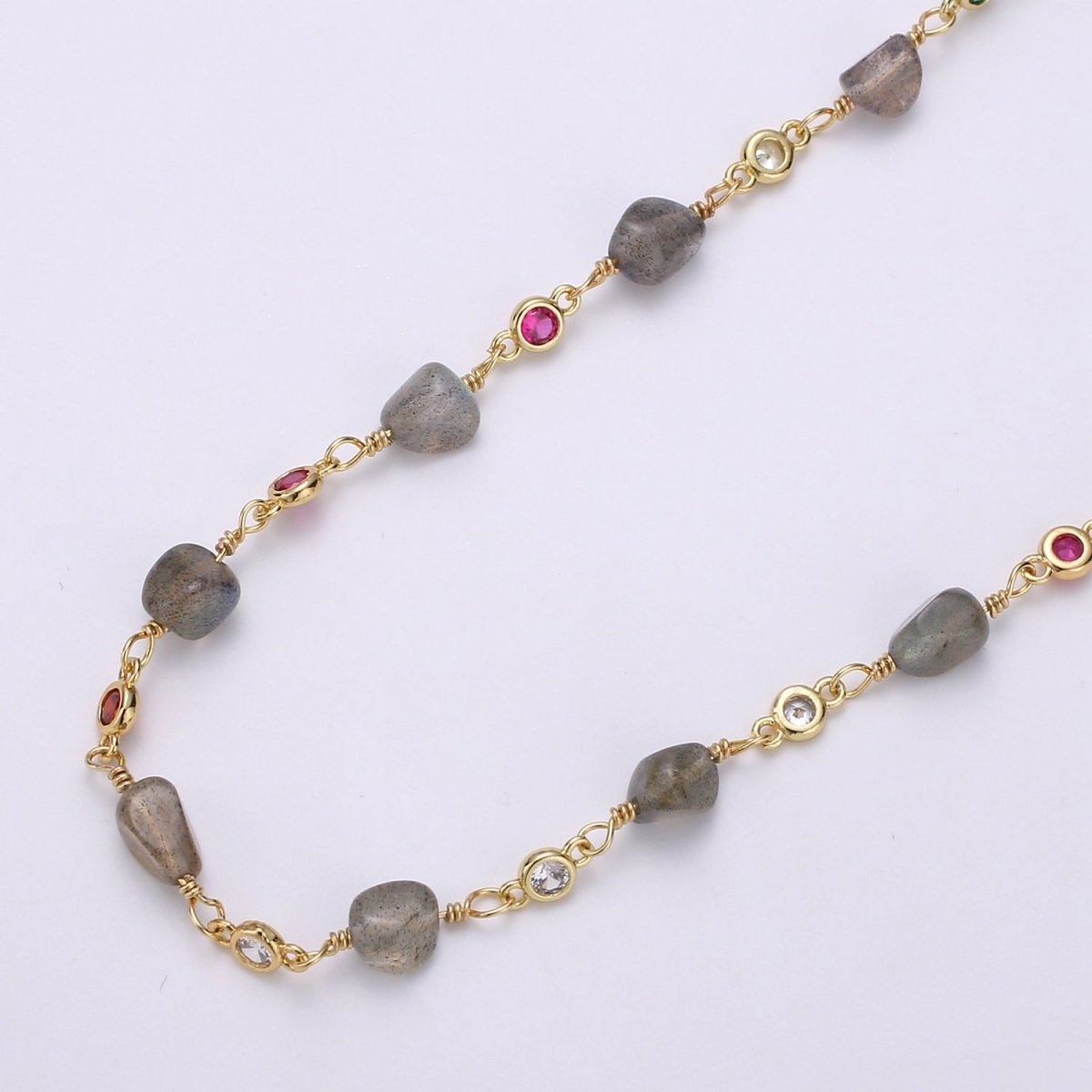 Labradorite Bead Micro Pave Charm 24K Gold Filled Chain by Yard, Cubic Round Charm Chain, Semiprecious Stone Multicolor Labradorite Chain | ROLL-331 Clearance Pricing - DLUXCA